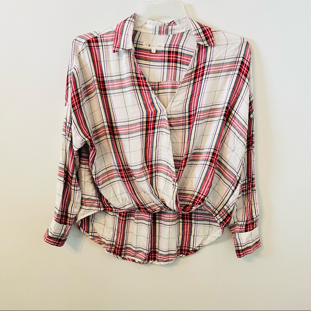 Lou & Grey for LOFT Plaid Long Sleeves Faux Wrap Top S